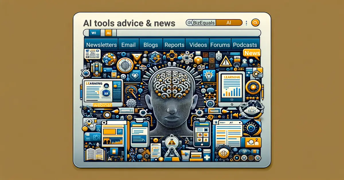 The image showcases AI-themed elements like newsletters, blogs, and research symbols, symbolising the depth of learning and advancements in artificial intelligence.