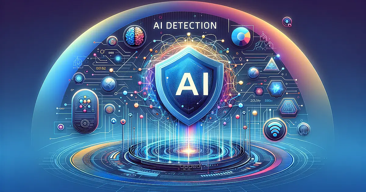 The image showcases a futuristic digital landscape symbolising AI Detection in business security. It features abstract AI elements like neural networks and digital shields, representing comprehensive protection against digital threats. The colour palette includes shades from the BizEquals website, creating a visual harmony with the brand's identity.
