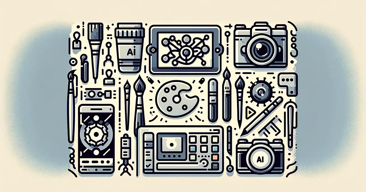 An evocative illustration highlighting AI tools in art and image generation for small businesses. The image features artistic symbols like a paintbrush and palette, alongside abstract representations of unique content creation, design customisation, automated editing, and creative visualisations.