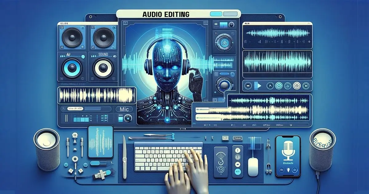 An image depicting AI in audio editing, with visuals of sound waves, a digital transcription interface, a representation of voice cloning with a digital avatar, and audio editing tools like a waveform editor. The background is in shades of blue, aligning with the BizEquals website colour scheme.