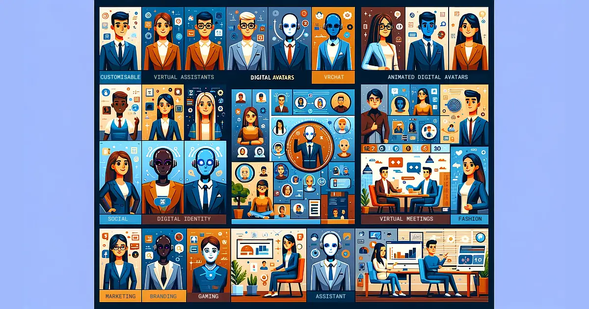 An image showcasing AI in avatar creation for business use, featuring customisable digital avatars, animated avatars engaging with customers, avatars in a virtual meeting, and diverse avatar designs. The background uses shades of purple and green, reflecting the BizEquals website colour scheme.