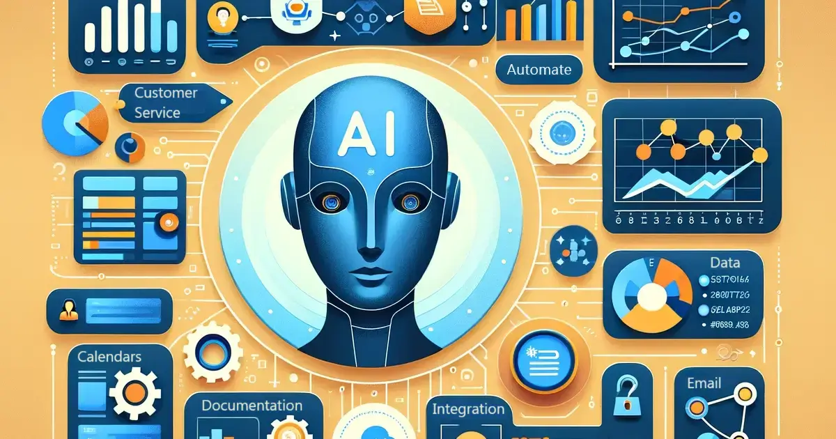 An image showcasing AI in digital assistant tools for business use, featuring automation, email, and diverse business assistant applications. The background uses shades of orange. The foreground is in blue, reflecting the BizEquals website colour scheme.