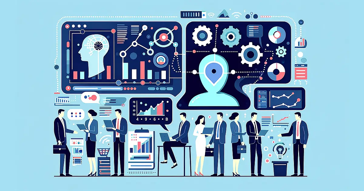 An engaging illustration showcasing AI tools for business intelligence in small businesses. The image features symbols and conceptual visuals representing AI-driven data analytics, predictive modelling, interactive dashboards, and automated reporting, set against a #9827ab background.