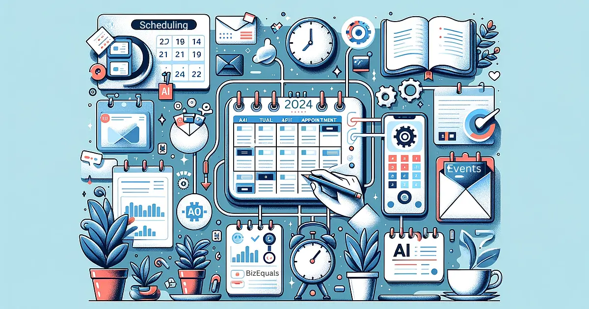 An illustration highlighting AI tools in calendars for small businesses. The image represents automated scheduling, AI-assisted reminders, tool integration, and time management suggestions