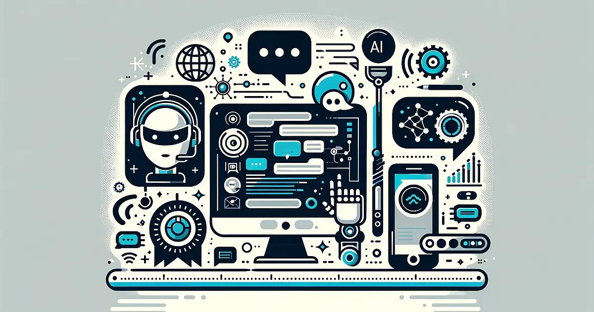 A modern and minimalistic illustration representing AI tools in the chatbots category for small businesses. The image features essential elements, including a speech bubble, a robotic arm, a computer screen with a chat interface, a headset, a neural network graphic, and an AI chip