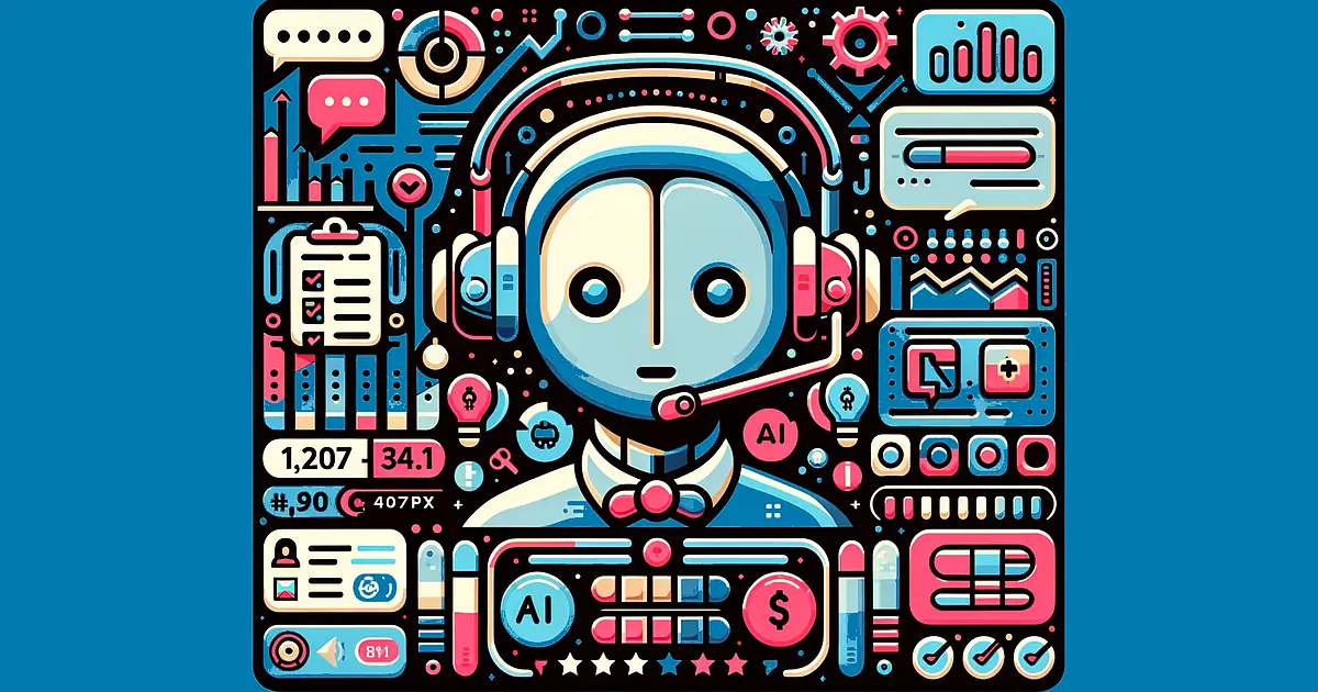The image features a customer support robot wearing a telephone headset