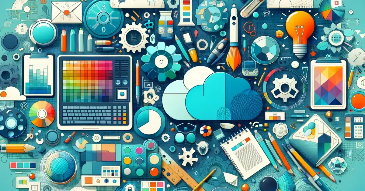 A collection of design tools including a paint brush and an image editor surrounding a cloud.
