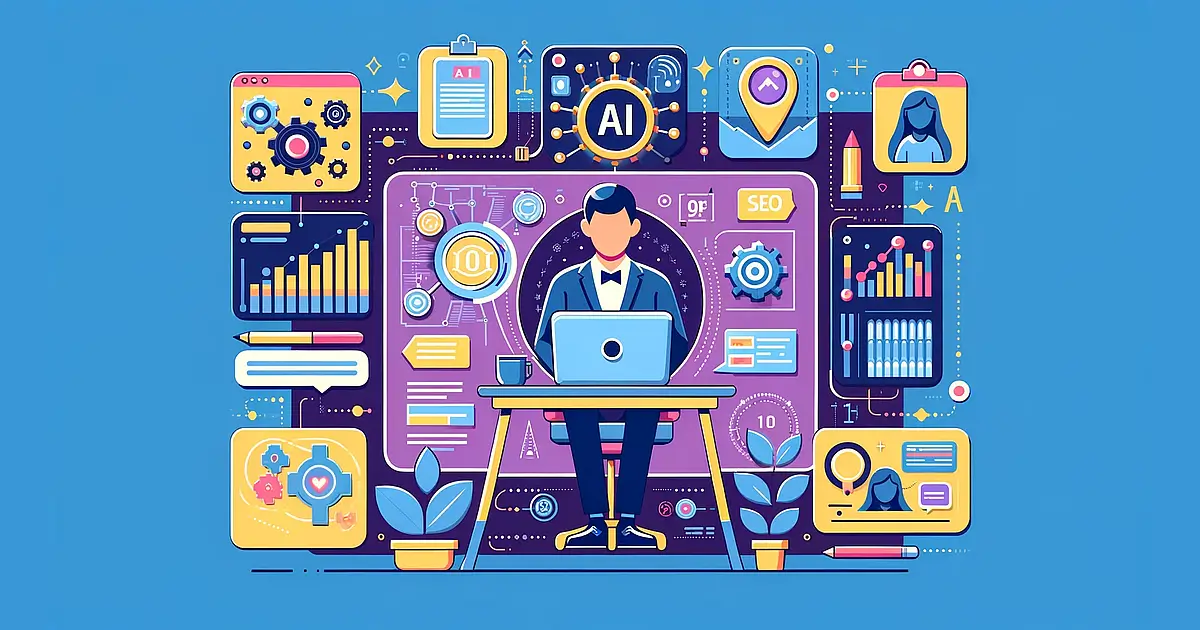 A vibrant illustration depicting various elements of AI-powered digital marketing tools for small businesses. The image shows icons and abstract representations of automated content creation, personalised analytics, SEO strategies, and data analysis