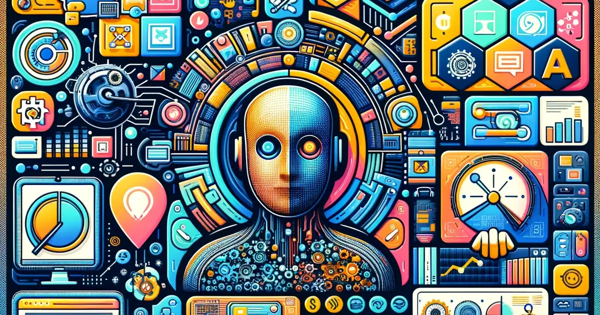 A painting of an AI person surrounded by colourful objects