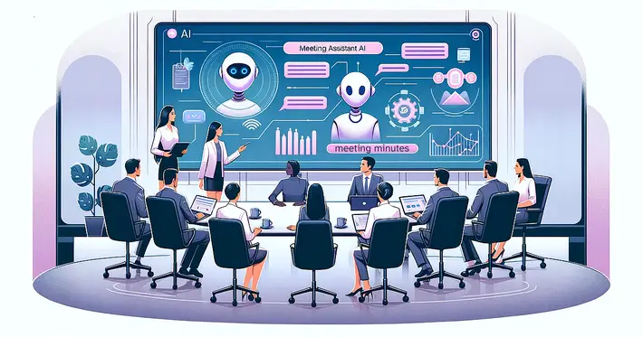 The image is a digital representation of a business meeting with many participants seated in a semi-circle. A presentation about AI is being given as indicated by the many AI-related graphics on the big screen that the participants are looking at.