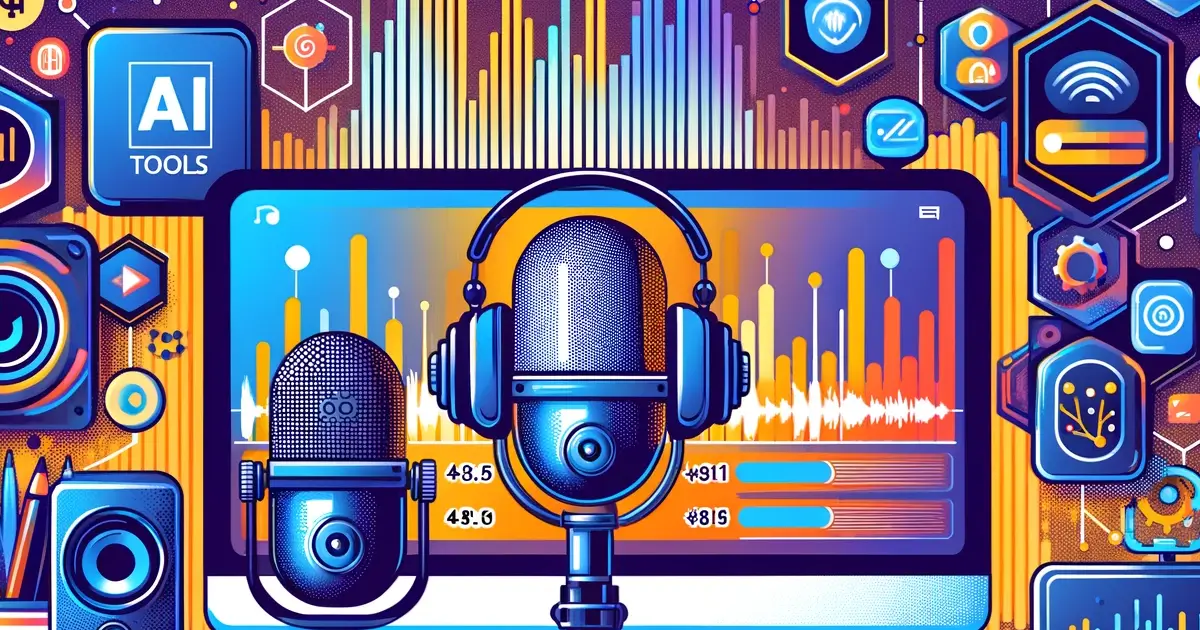 The image features a modern podcasting studio setup with microphones, headphones, and a computer screen showcasing AI editing software. The visuals of sound waves and AI algorithms symbolise audio processing and enhancement. The background colours of #5e7b88 and #356bc3 align with the BizEquals website theme, offering a vibrant, creative, and professional aesthetic ideal for SME professionals in digital content creation and marketing.