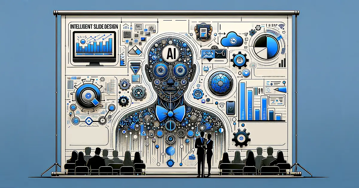Futuristic depiction of AI tools in the presentations category, featuring elements like intelligent slide design, content optimisation algorithms, virtual speech coaching, and engagement analytics, with a focus on efficiency and innovation.