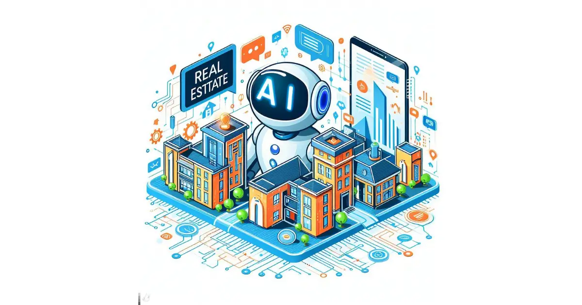 Innovative representation of AI tools in the real estate category, showcasing AI's role in analysing property valuations, customer preferences, virtual property tours, and market trends. The image highlights the modern and efficient use of AI in real estate decision-making and customer engagement.