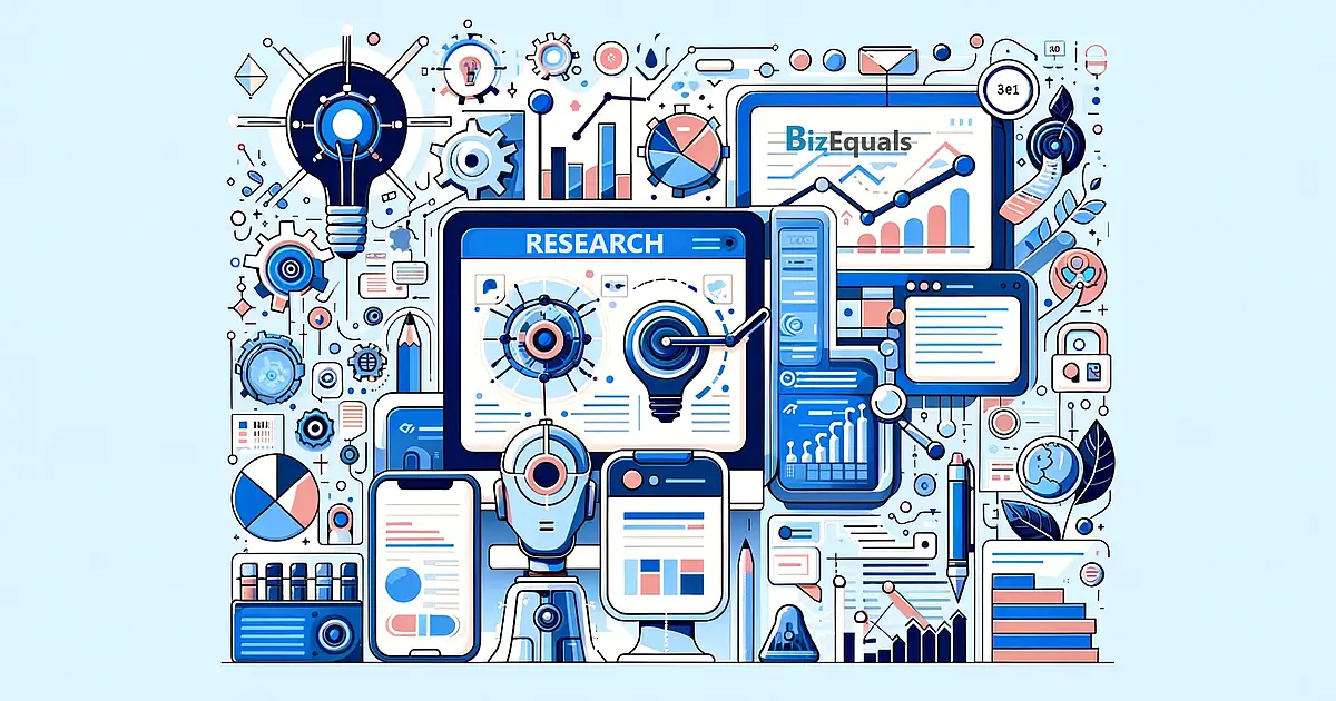 An insightful illustration representing AI tools in the research category for small businesses. It features visuals symbolising AI-driven data gathering, trend analysis, information sorting, and data-driven decision-making.