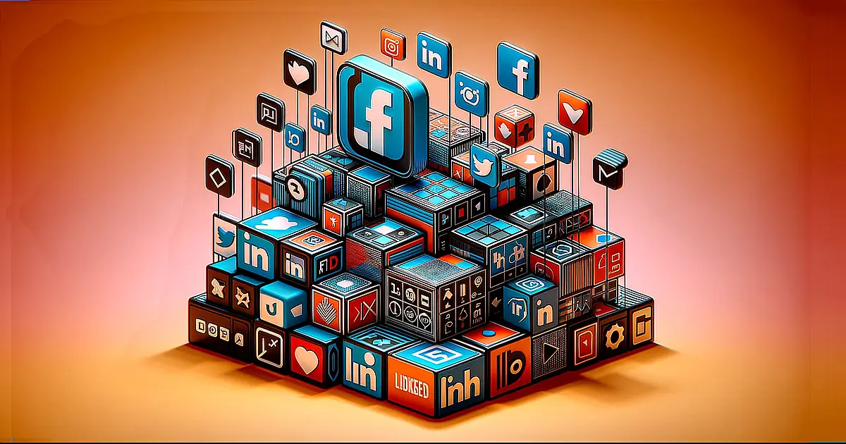  A 3D pile of blocks with social media icons, including a generic X, LinkedIn, and Facebook