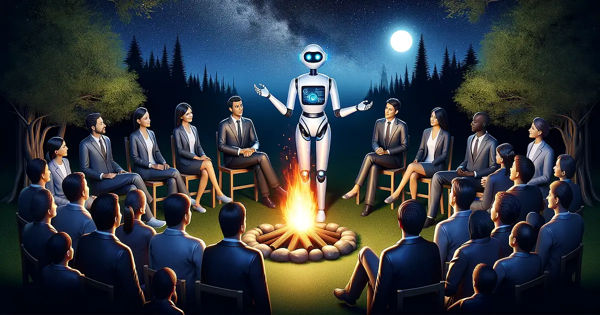 This digital artwork depicts a nighttime scene where a human-like AI robot, characterised by a sleek, modern design, stands beside a campfire, actively engaged in storytelling. The AI robot, with a screen for a face, displays expressive, friendly features. Around the campfire, a diverse group of people dressed in business suits are seated, attentively listening to the story. These individuals represent various ages and ethnicities, and the warm, inviting glow of the fire illuminates them. The setting is an outdoor environment, serene and peaceful, under a starry sky. The image is in a wide, oblong format, horizontally oriented to encompass the full scene, which includes the surrounding nature and the expansive night sky above.