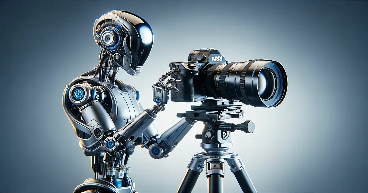 A highly detailed image of a futuristic robot adjusting an Arri Alexa digital camera mounted on a tripod, illustrating the advanced integration of AI in video production and filmmaking.