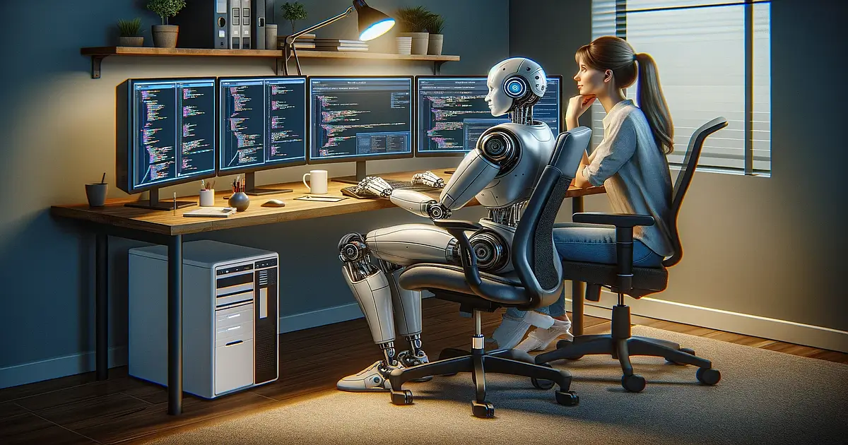 An image highlighting AI tools for web development in small businesses, focusing on AI-assisted design and automated coding, set against a modern background of dark grey and muted blue.